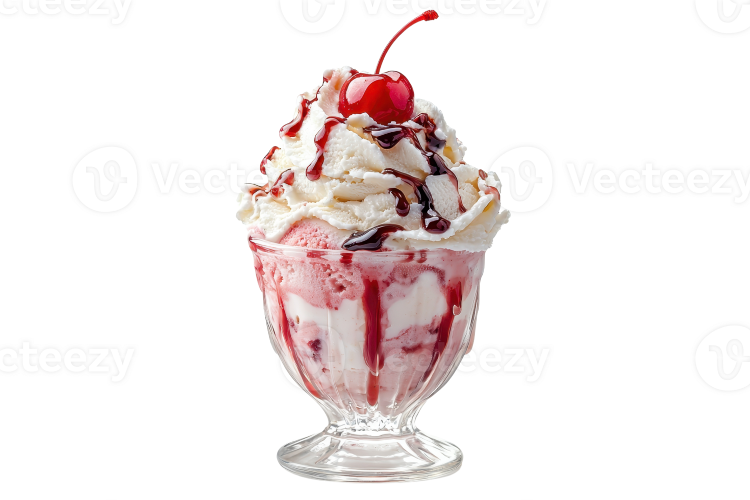 A delicious sundae topped with whipped cream, cherry, and strawberry sauce in a glass dish. png