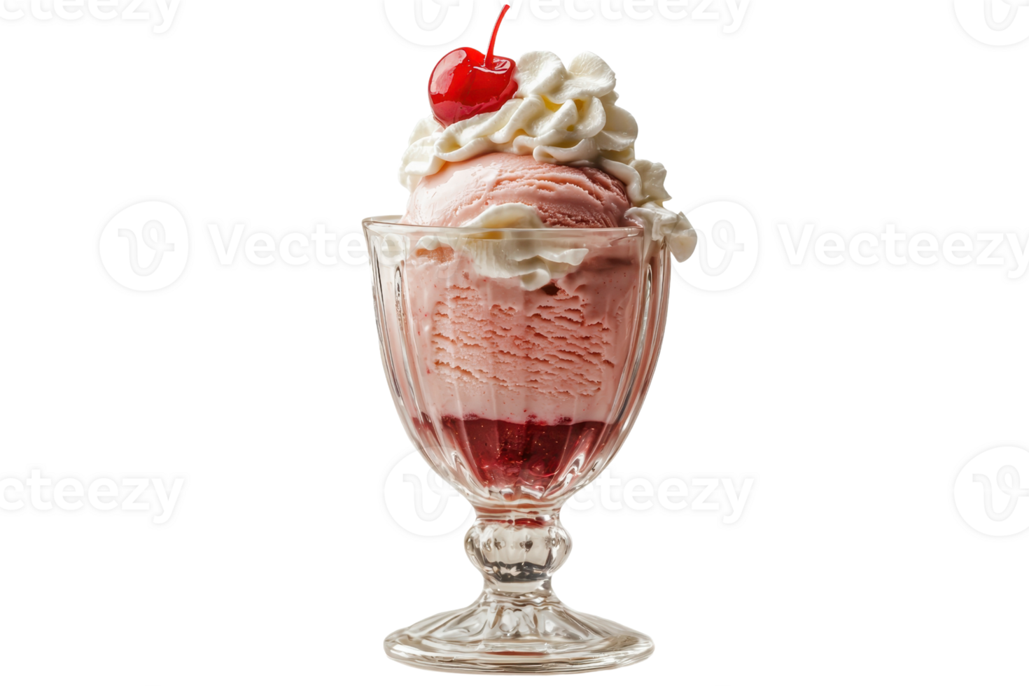 A delightful ice cream sundae with pink ice cream, topped with whipped cream and a cherry. png