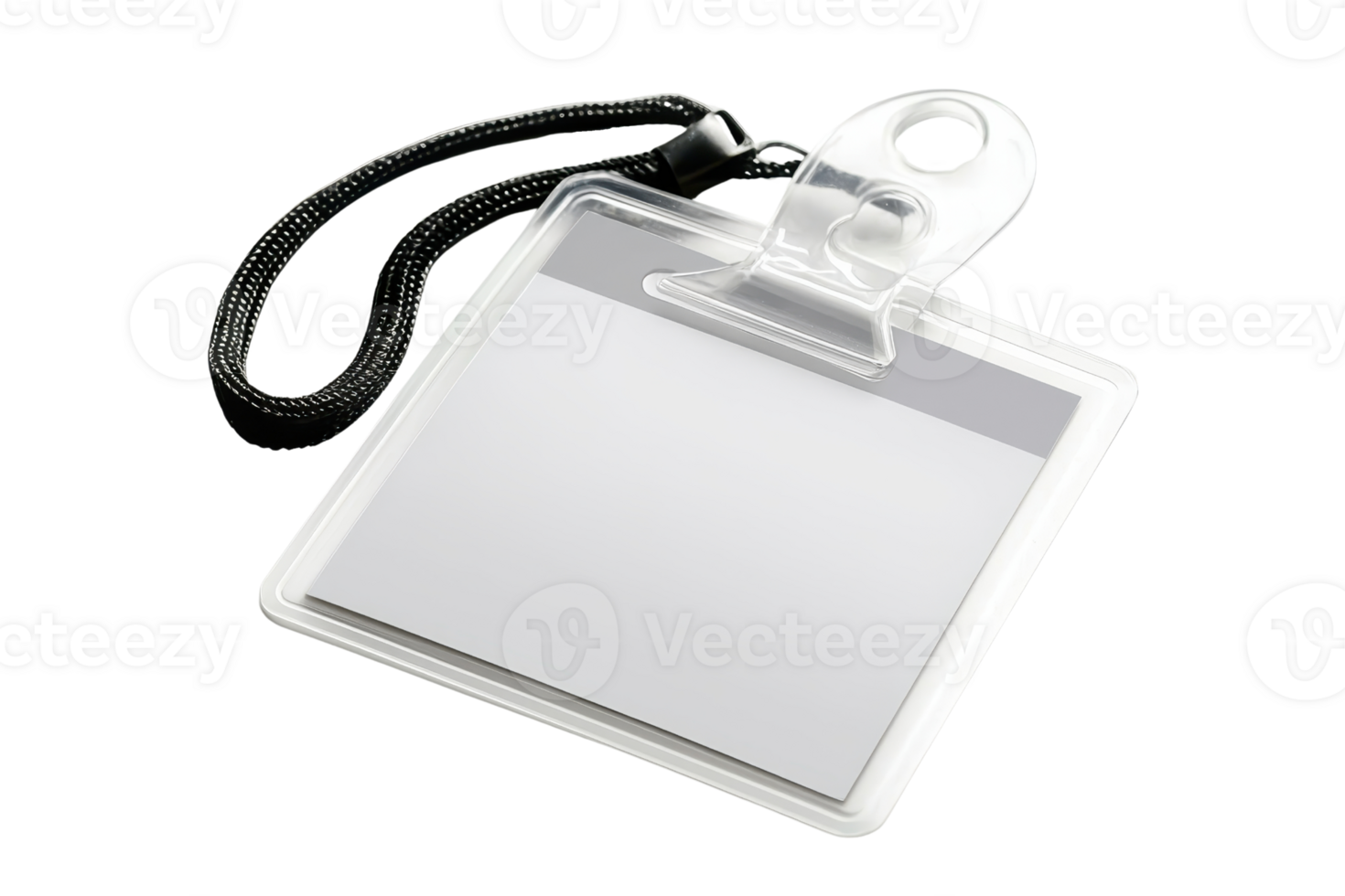A square badge holder with a strap, designed to display identification cards securely. png