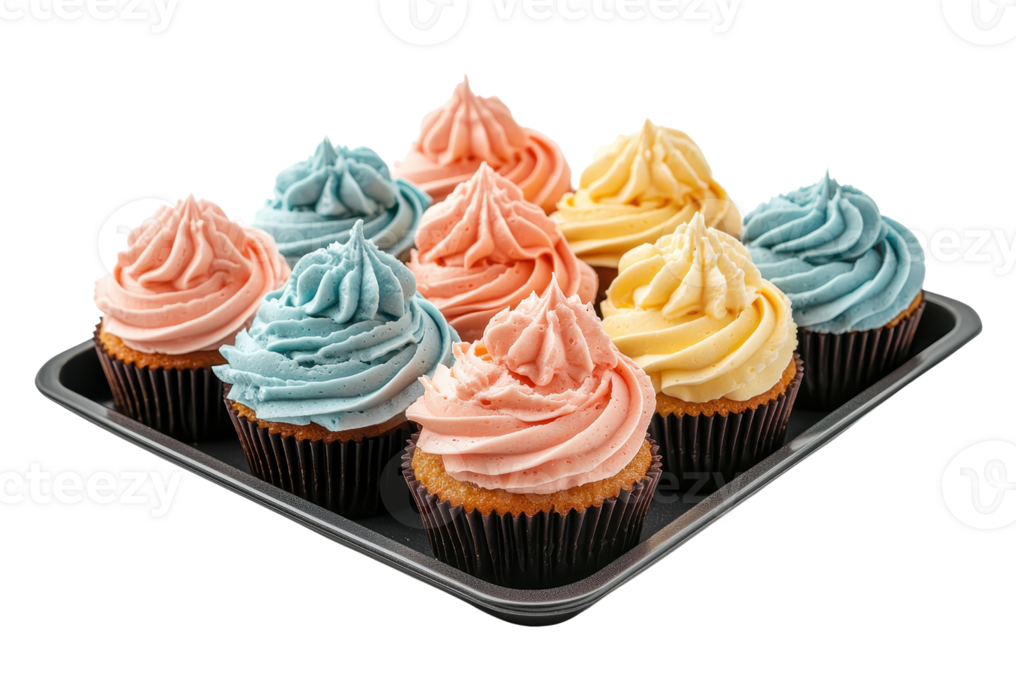 A delightful arrangement of colorful cupcakes topped with swirls of icing in shades of pink, blue, and yellow. png