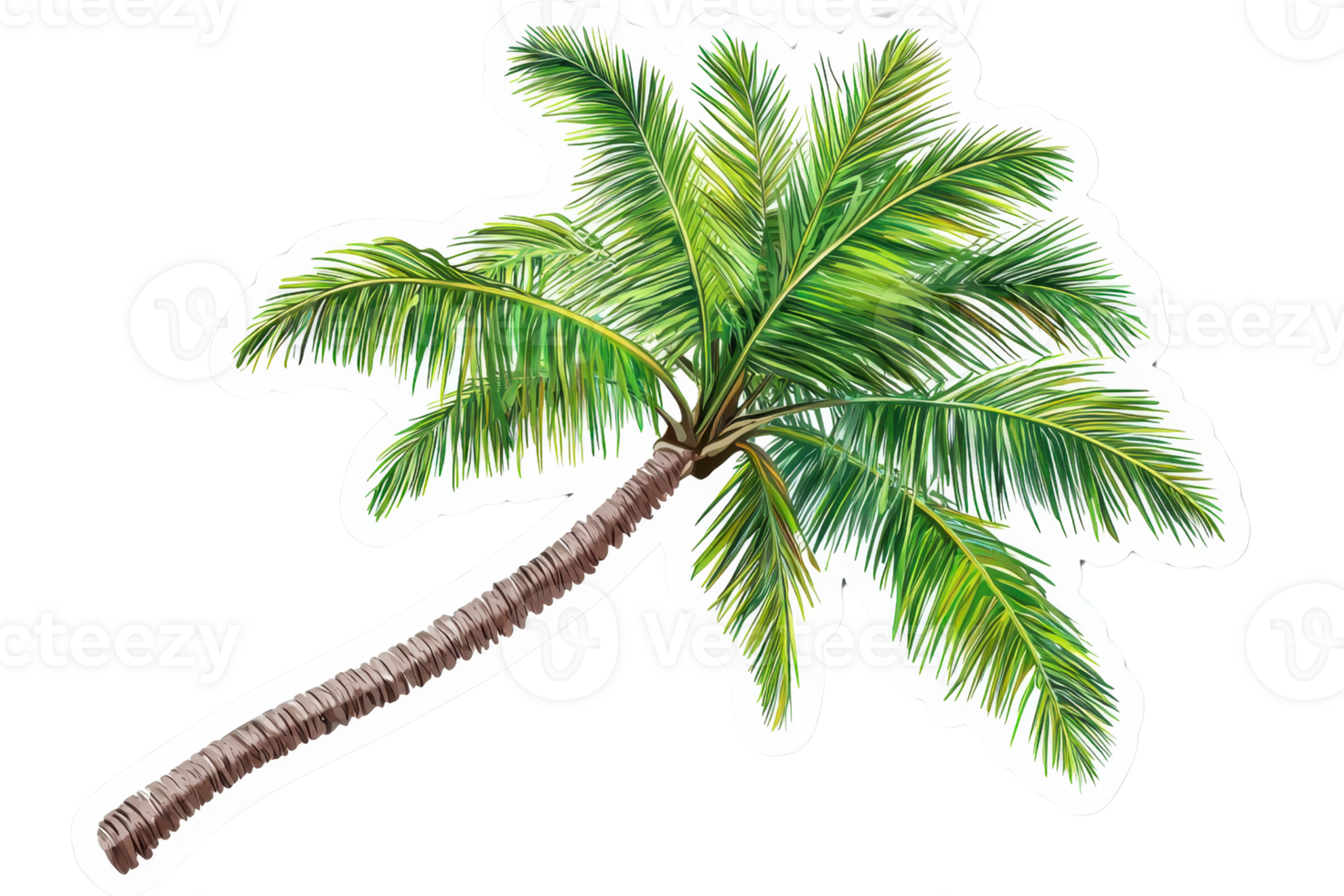 A vibrant palm tree with lush green leaves and a textured brown trunk. png