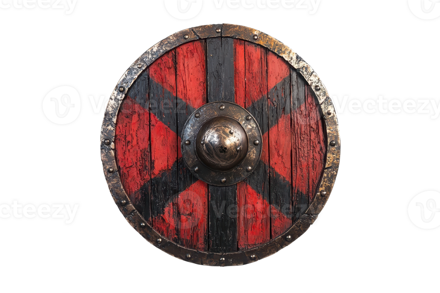 A round shield featuring a striking red and black design, centered with a metallic boss, reflecting a vintage warrior aesthetic. png