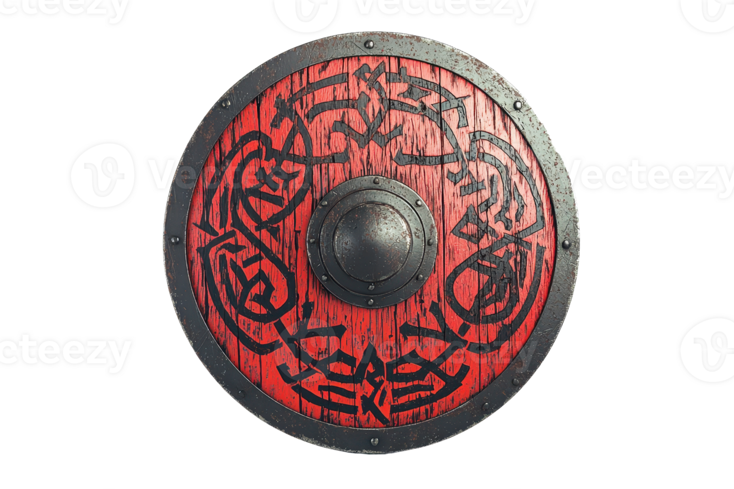 A circular shield featuring a red wooden surface adorned with intricate black designs and a central metallic boss. png