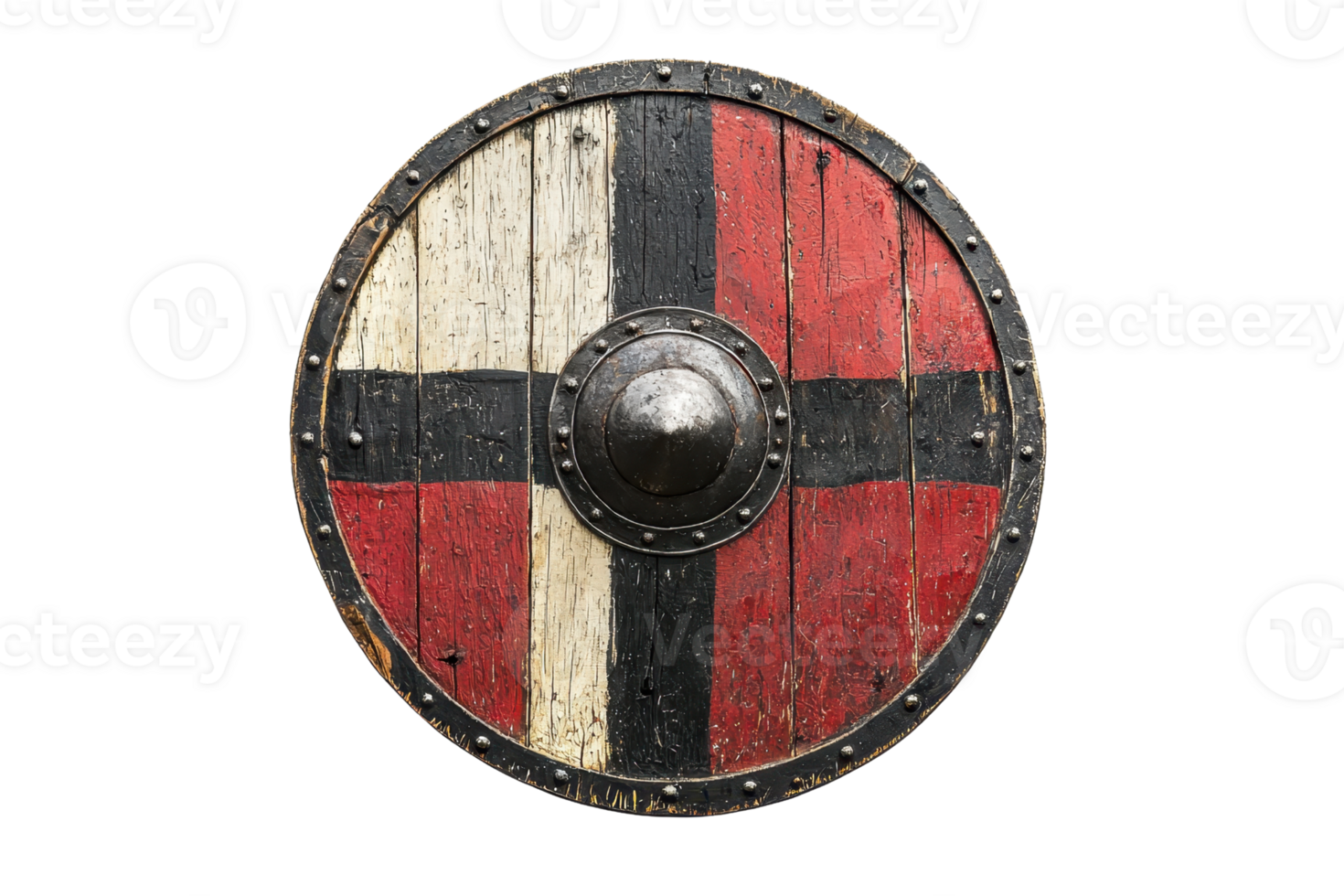 A round, wooden shield featuring a bold cross design in red, white, and black, with a central metallic boss. png