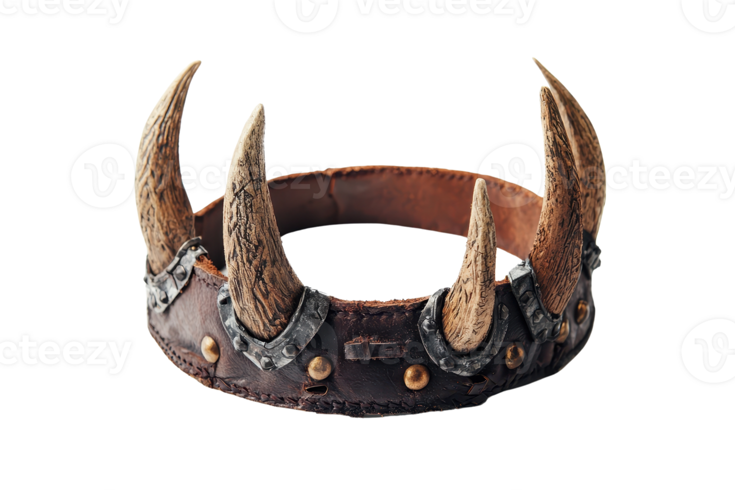 A rugged crown adorned with sharp horns and metallic accents, embodying a fierce, warrior-like aesthetic. png