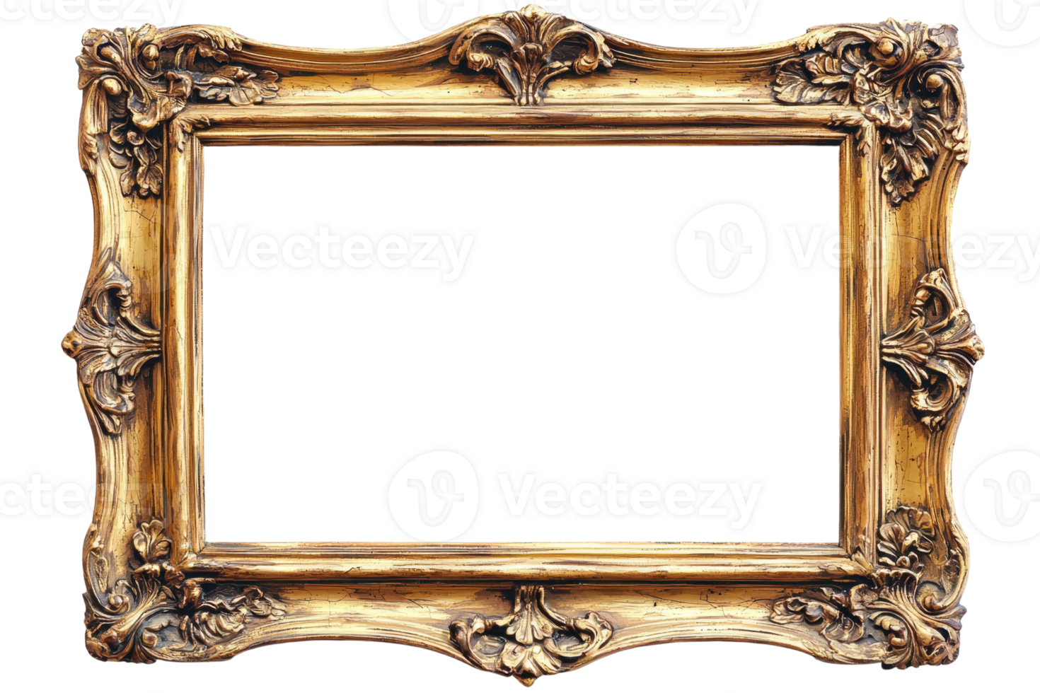 An ornate golden picture frame featuring intricate designs and embellishments. png
