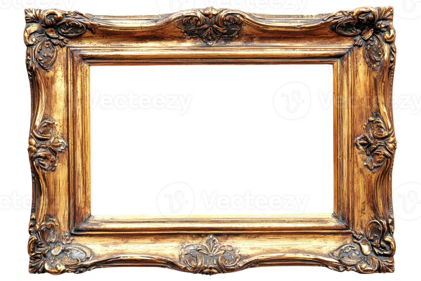 An ornate wooden picture frame featuring intricate carvings and a rich gold finish, emphasizing its decorative style and craftsmanship. png