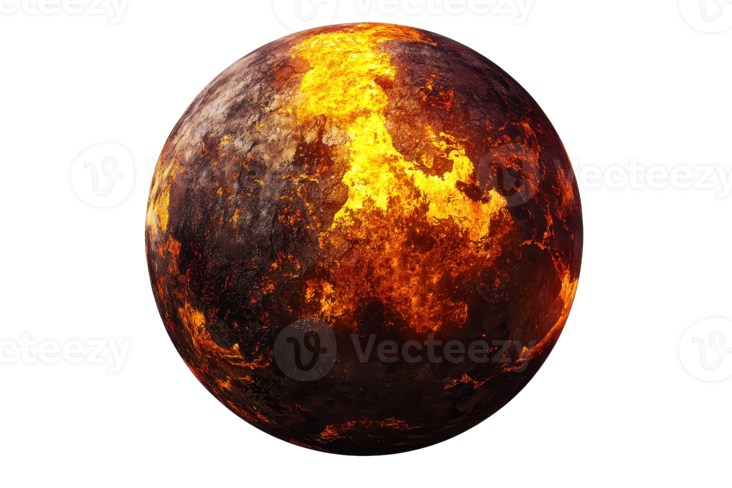 A fiery, molten planet with vivid orange and black textures, displaying intense heat and a rugged surface. png