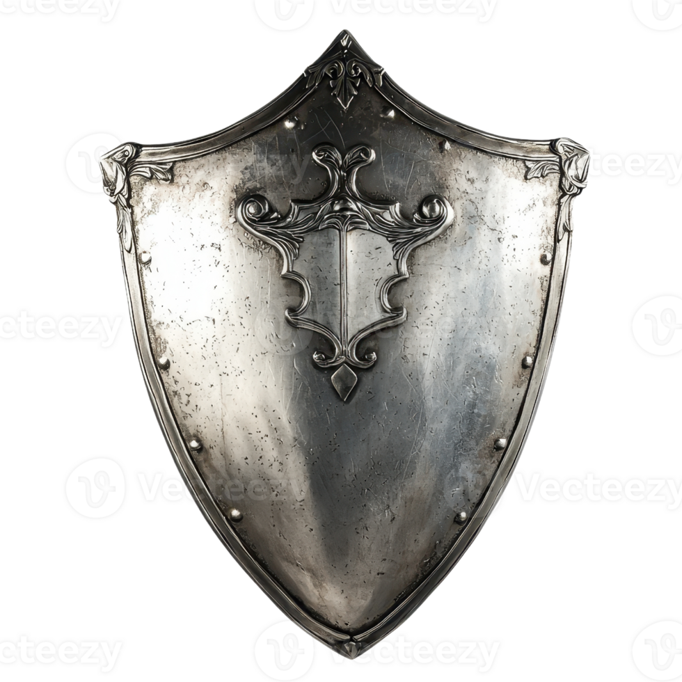 A metallic shield with decorative elements, featuring a classic design and reflective surface, showcasing craftsmanship and historical significance. png