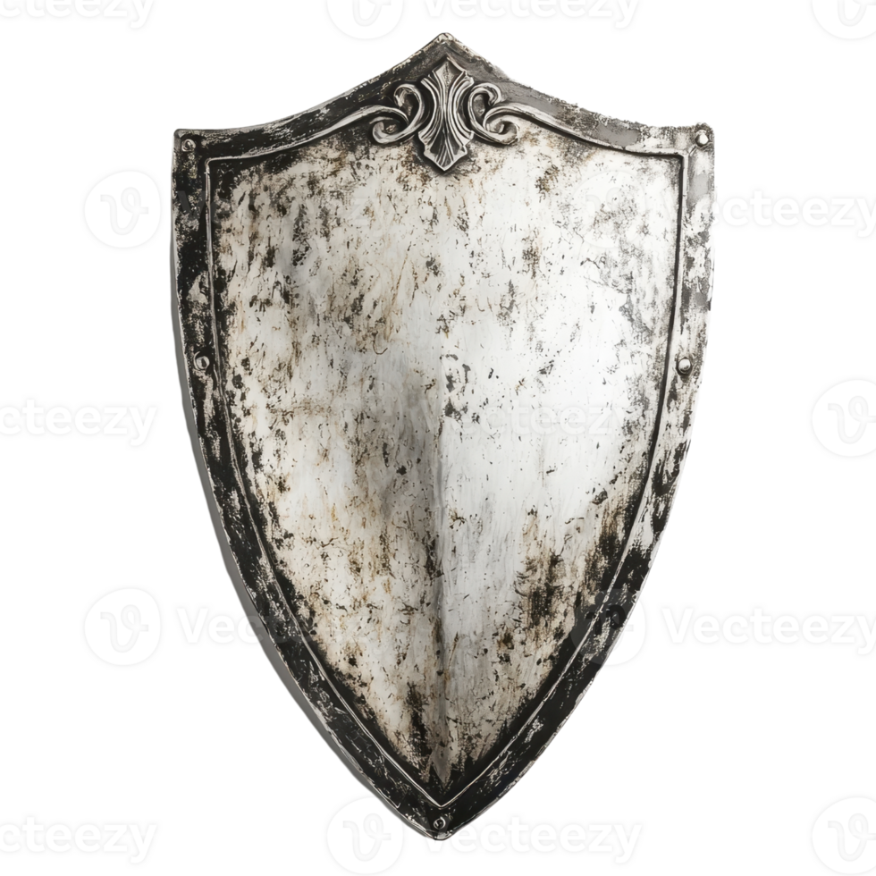 A vintage shield featuring a worn silver surface with intricate details along the edges, showcasing its historical significance and craftsmanship. png