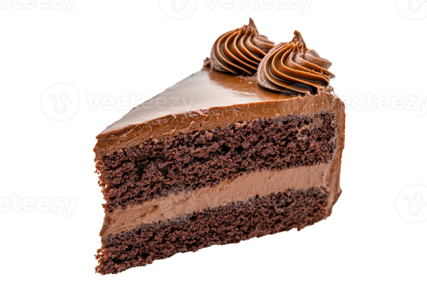 A delicious slice of chocolate cake topped with creamy swirls, showcasing rich layers of moist chocolate sponge and smooth filling. png