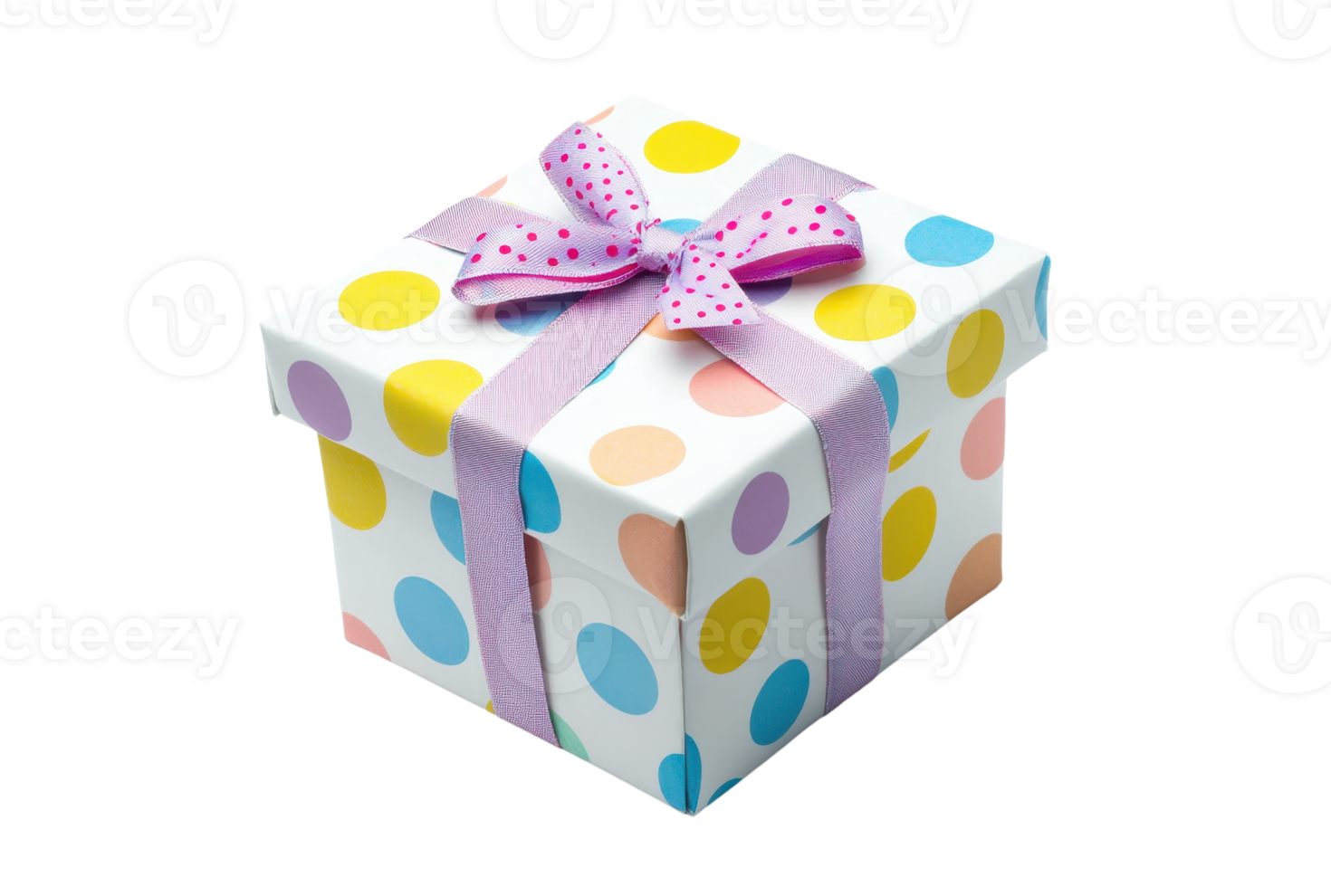 A colorful gift box wrapped with a patterned ribbon and bow, adorned with polka dots in various colors. png