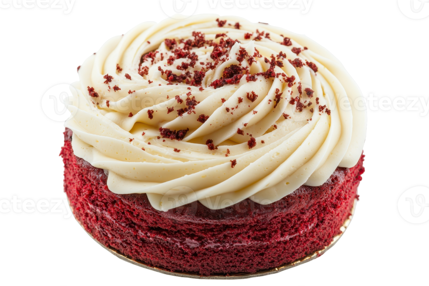 A round red velvet cake topped with creamy frosting and red cake crumbs, showcasing a delightful swirl design. png