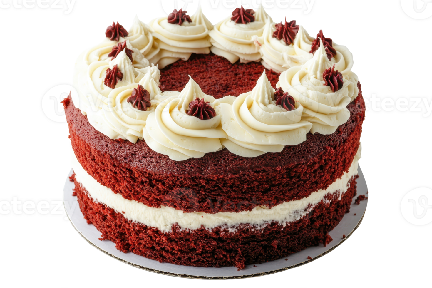 A rich red velvet cake adorned with cream cheese frosting and decorative swirls, showcasing layers of moist texture. png