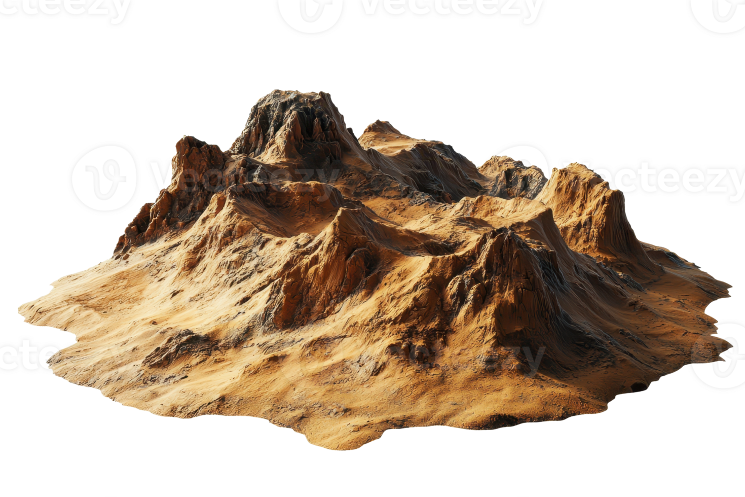 A detailed mountain range model showcasing rugged peaks and textured surfaces. png