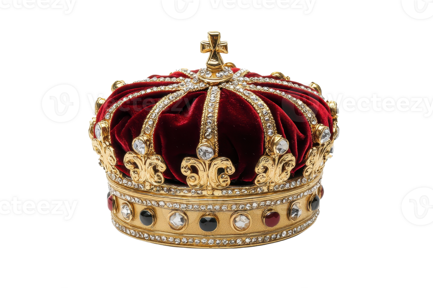 A luxurious crown adorned with jewels and red velvet, featuring ornate gold detailing and a cross on top, symbolizing royalty and power. png