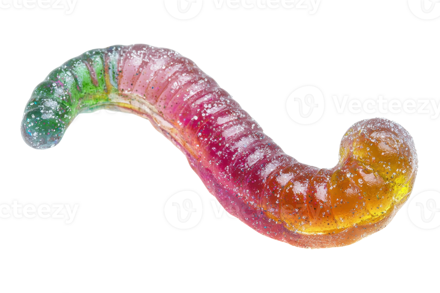 A colorful, segmented gummy worm with a twisted shape, showcasing vibrant hues of green, pink, and yellow. png