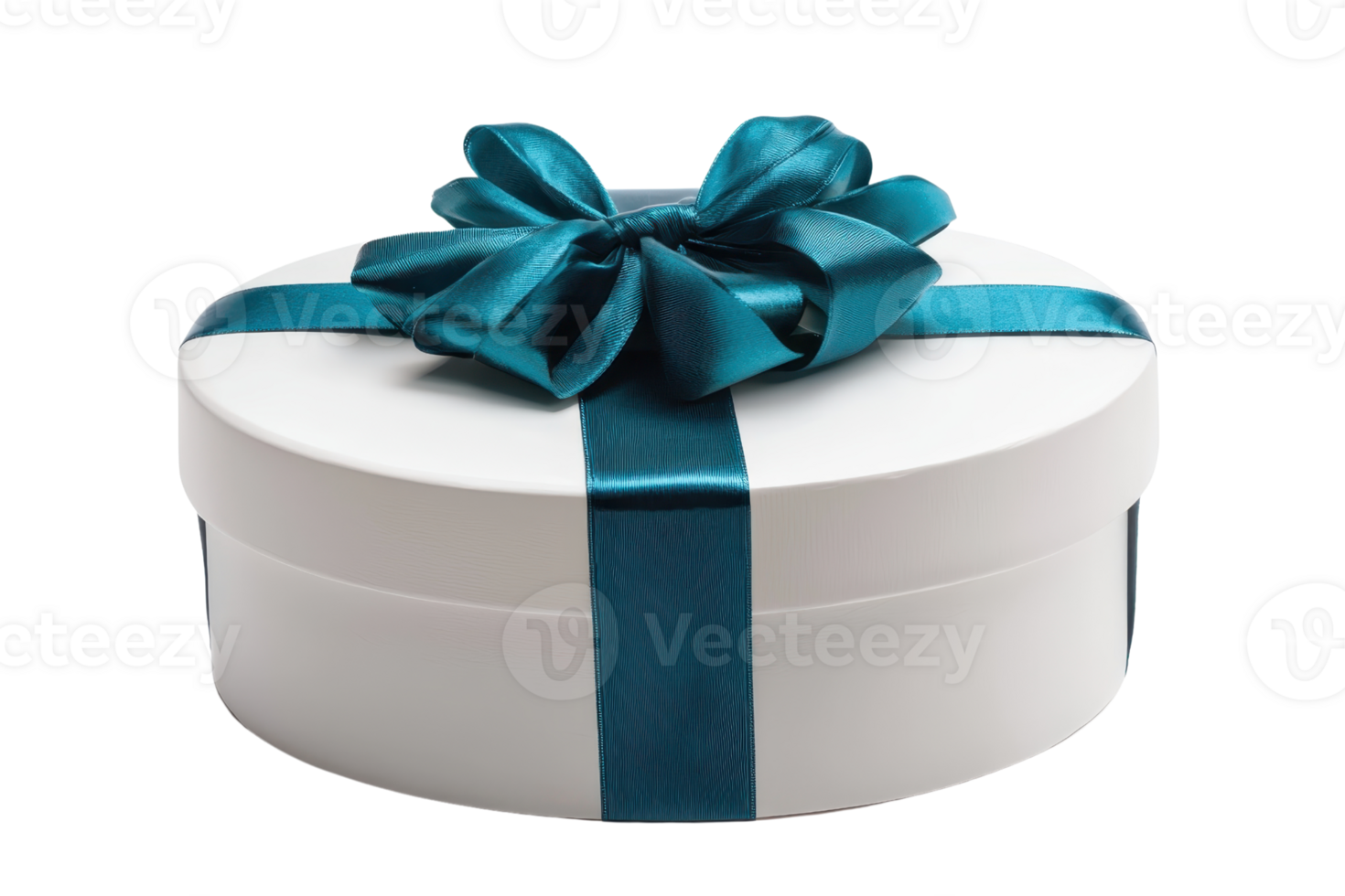 A round, white gift box adorned with a teal ribbon and bow. png