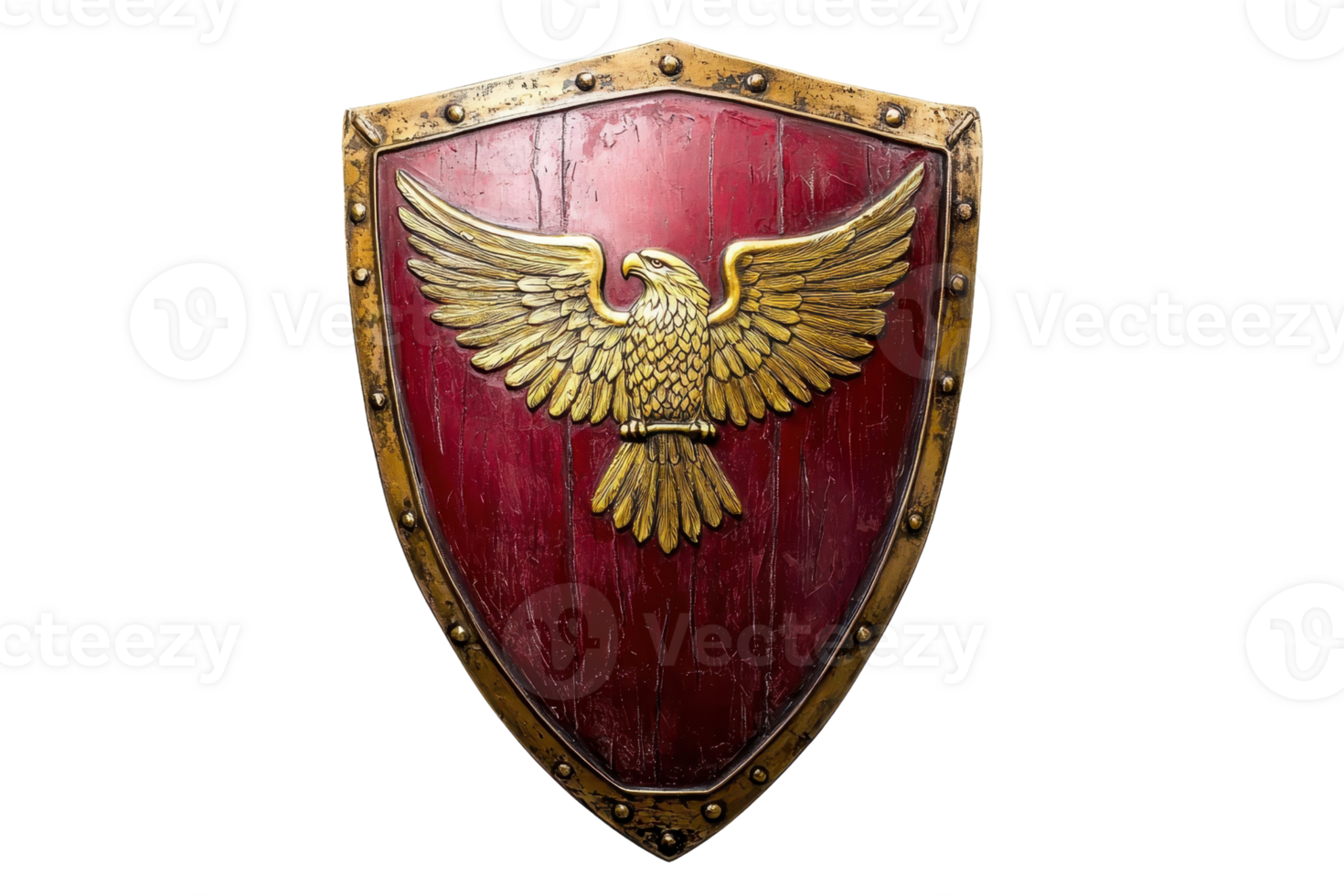 A decorative shield featuring a golden eagle emblem on a rich red surface, showcasing intricate detailing and a vintage design. png
