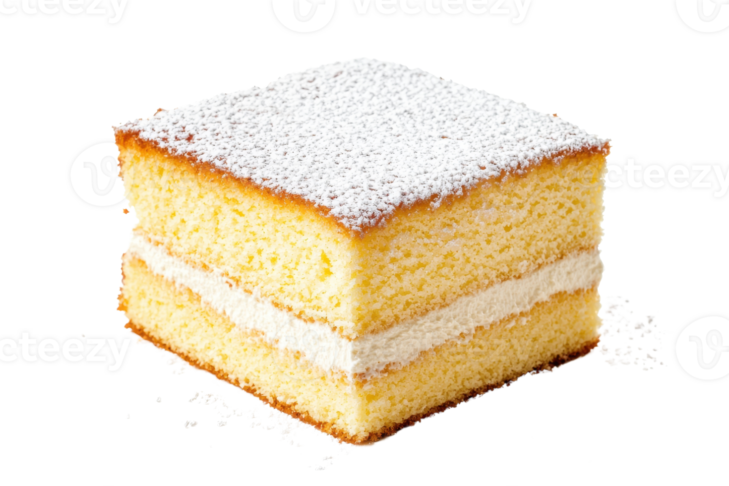 A square slice of cake with a creamy filling, topped with a dusting of powdered sugar. png