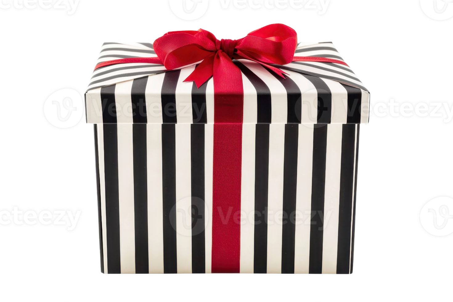 A striped gift box adorned with a vibrant red ribbon and bow, symbolizing celebration and surprise. png