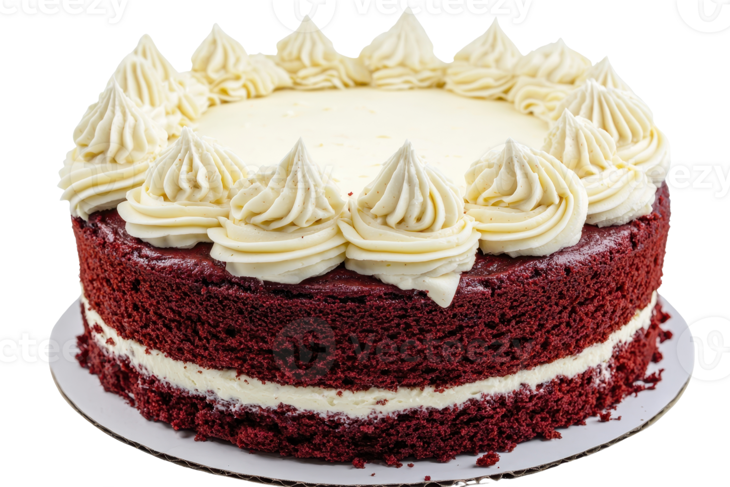 A rich red velvet cake topped with creamy frosting and decorative swirls, showcasing layers of moist texture and indulgent flavor. png