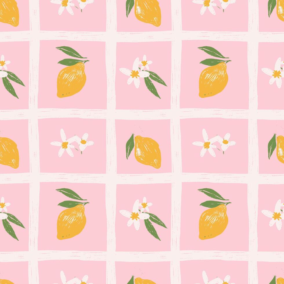 Cozy checkered summer lemon seamless pattern. Mediterranean hatching textured Fresh tropical citrus fruits background. Collages with different lemons. Repeated grid prints for wrapping paper. vector