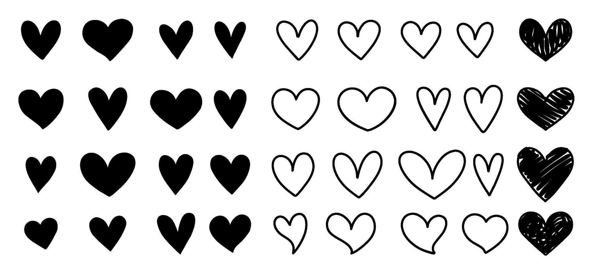 Black silhouette hearts set isolated on white. Different hand drawn shapes retro abstract romantic love flat and outline graphic design element collection. Health care, Valentine day card, like symbol vector