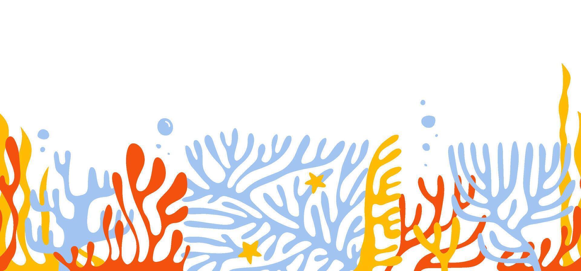 Tropical underwater landscape with colorful seaweed, coral reefs, and marine plants seamless border ideal for childish books, marine designs, packaging. flat hand drawn illustration vector