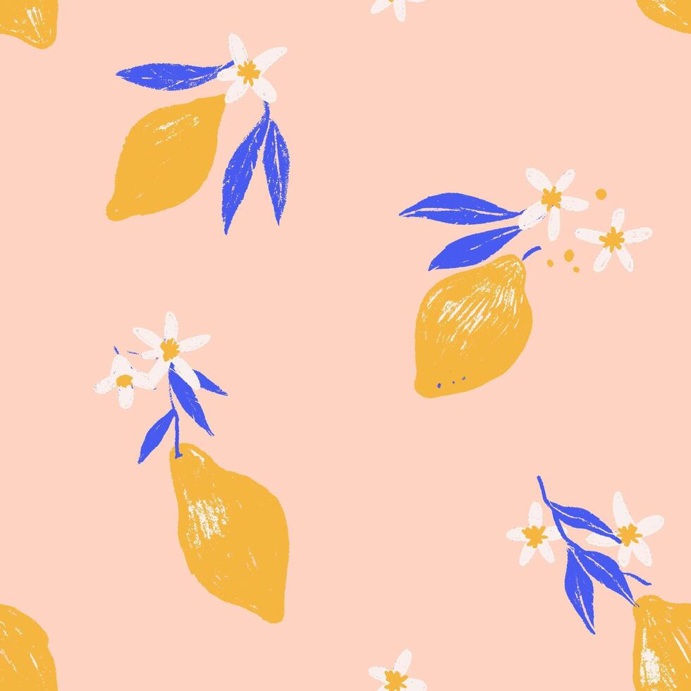 Beautiful summer Amalfi seamless pattern with yellow fruits, Lemon, flower. Pencil textured hand drawn style. Naive Design for fashion, fabric, textile, and all prints vector