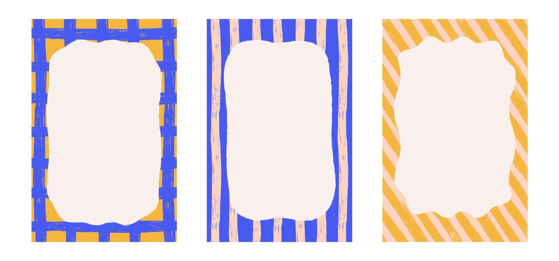Set of irregular frames with wavy edges frames, doodle borders with striped background and curved shapes. hatching texture Template for invitations, posters, banner, social media. vector
