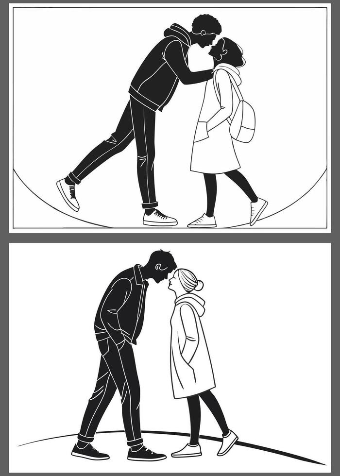 black white illustration. Minimalistic linear illustration depicting a tender embrace of a couple. The silhouettes touch their foreheads, conveying vector