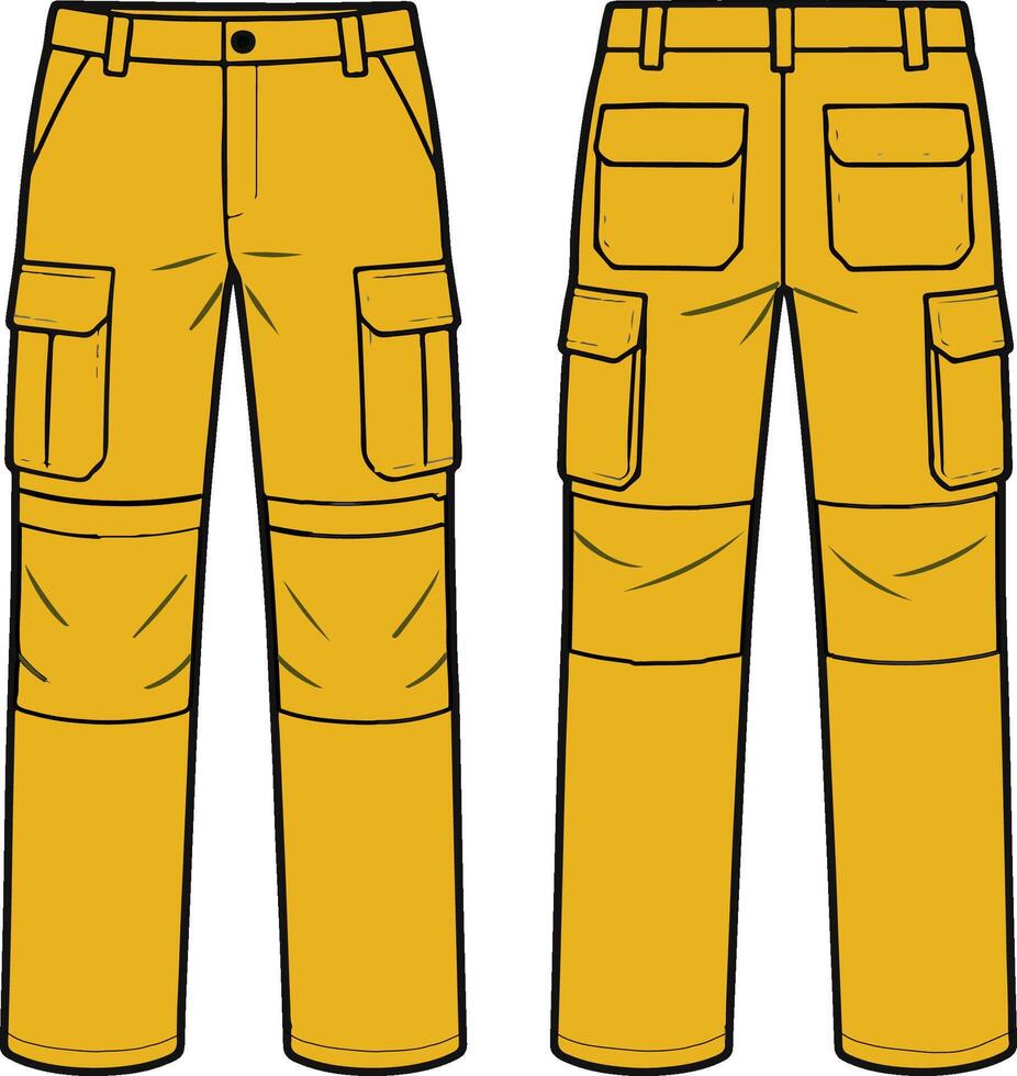 Yellow cargo pants, front and back view vector