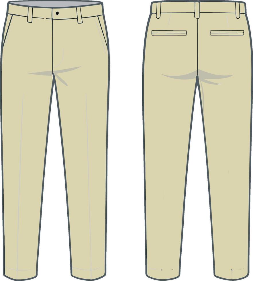 Formal khaki chinos trousers, front and back view vector