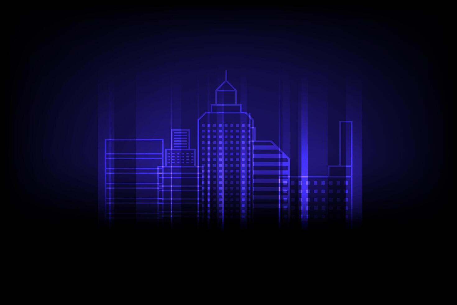 Neon Outline Cityscape with Futuristic Blue Glow on Dark Background, Featuring Modern Skyscrapers and Geometric Buildings vector