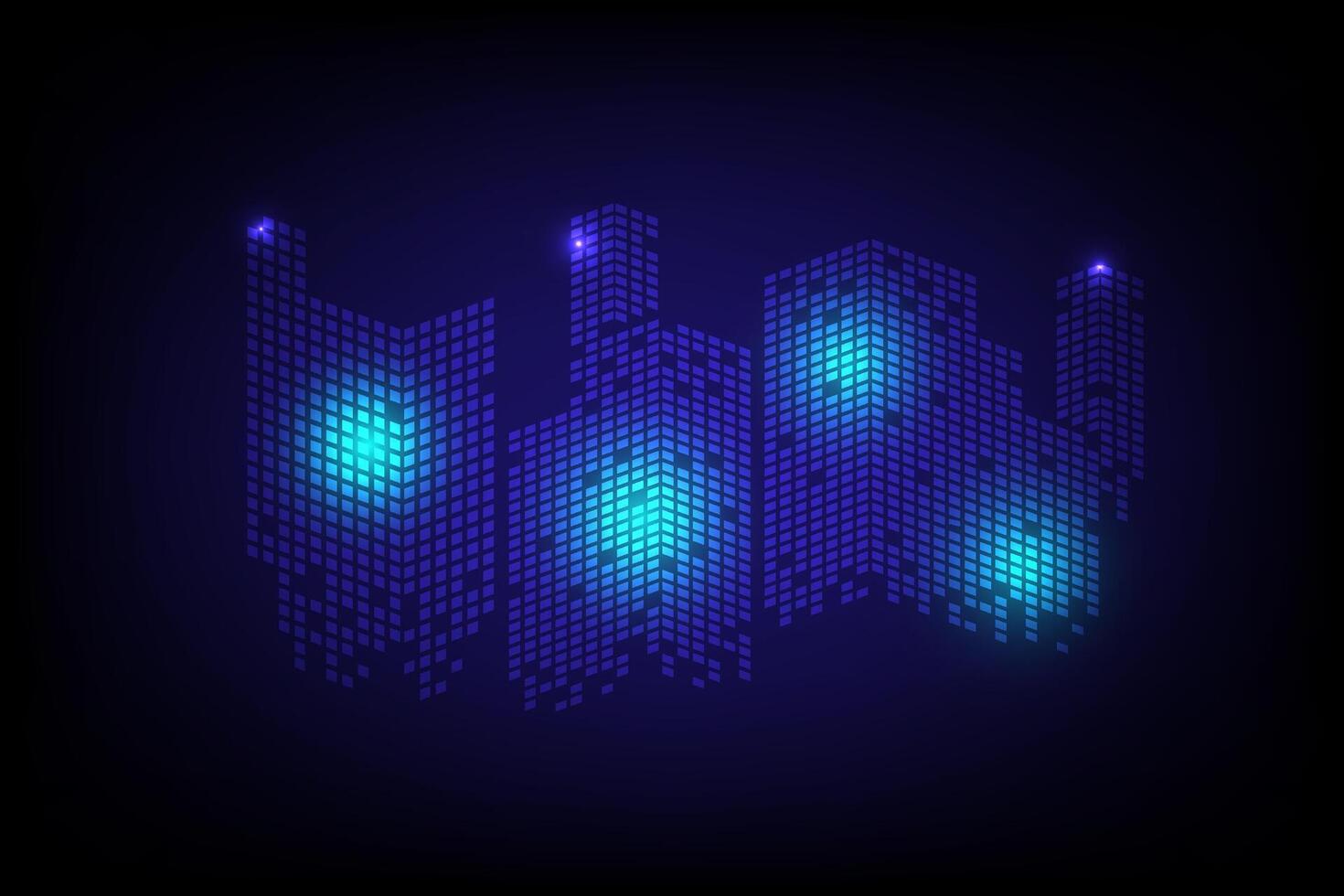 Futuristic Digital Cityscape Made of Glowing Blue Squares on Dark Background with Technology Inspired Neon Light Effects vector