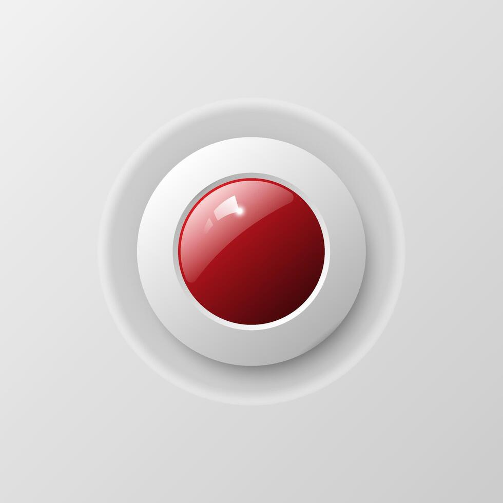 Realistic Red Glossy Push Button with 3D Effect style on a light grey background vector