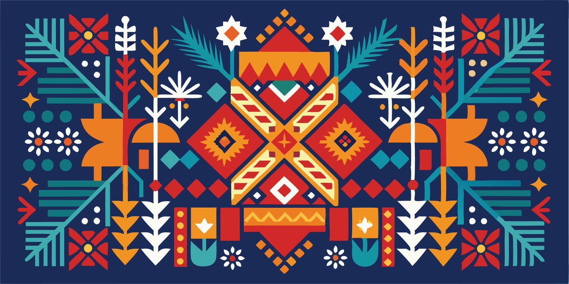 Vibrant folk art pattern, geometric shapes, symmetrical design, navy blue background, red and orange diamonds, teal pine branches, white floral elements, yellow accents, tribal motifs vector