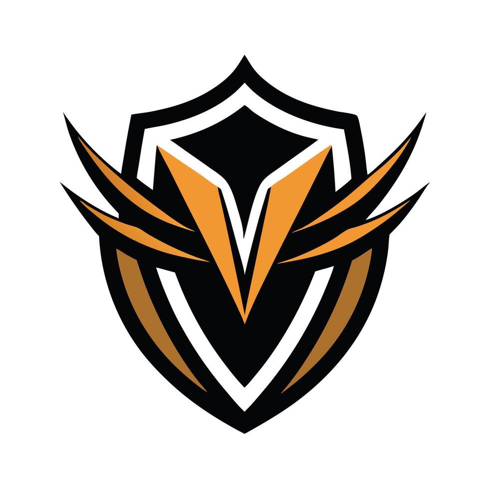 Logo design, shield shape, abstract bird or phoenix, sharp angles, orange and black color scheme, symmetrical, minimalist, modern, esports team emblem, graphic, clean lines, dynamic vector