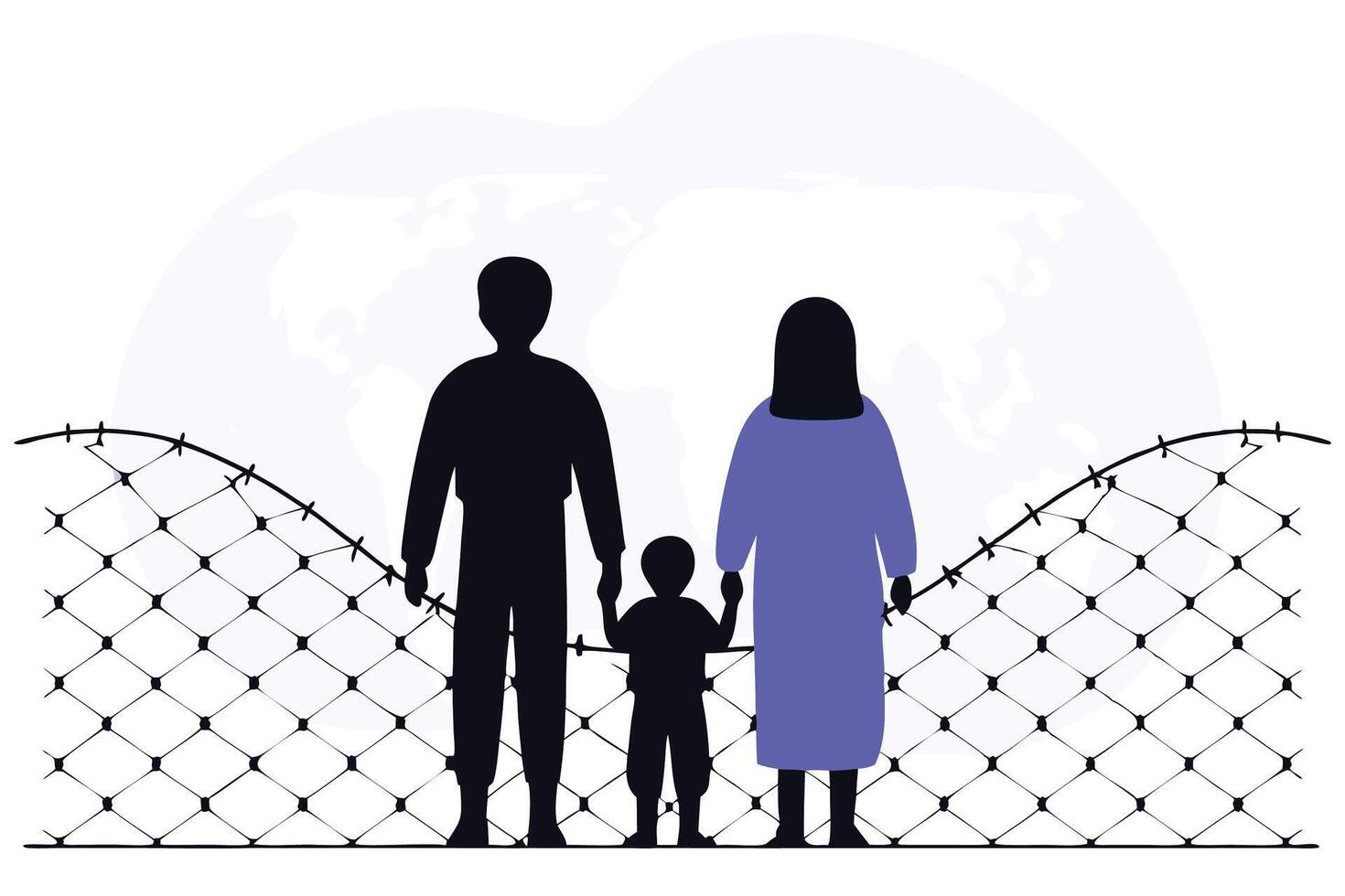 Emotionally powerful refugee family silhouette including man woman and child ideal for social awareness campaigns and humanitarian design projects vector