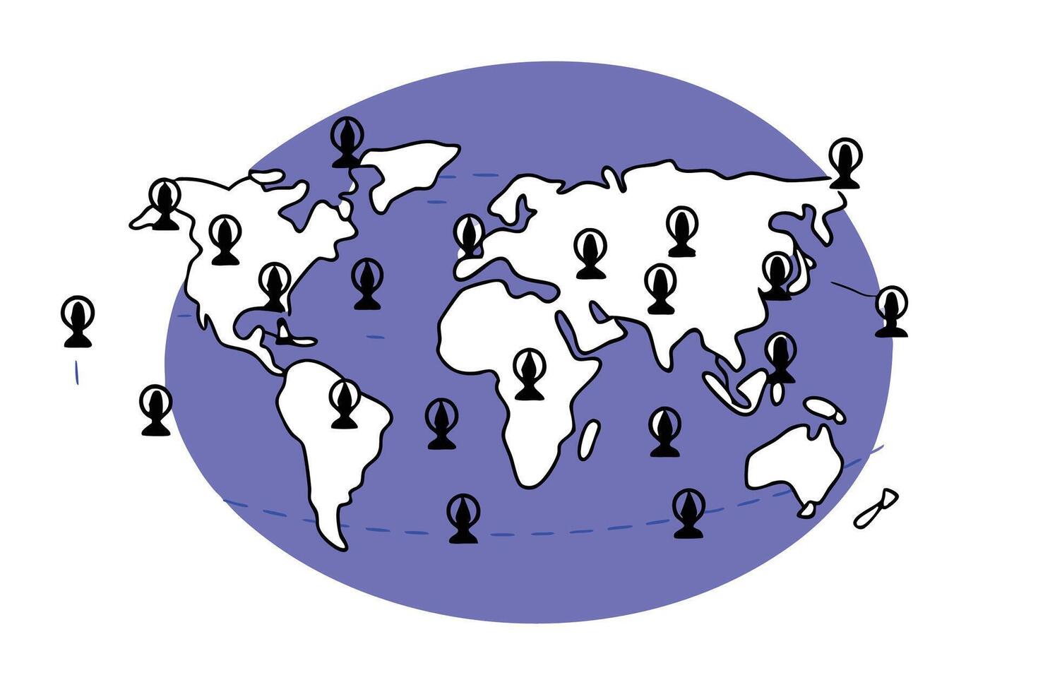 Migration across the world map represented by silhouette figures highlighting global mobility cultural shifts and human journeys over time vector