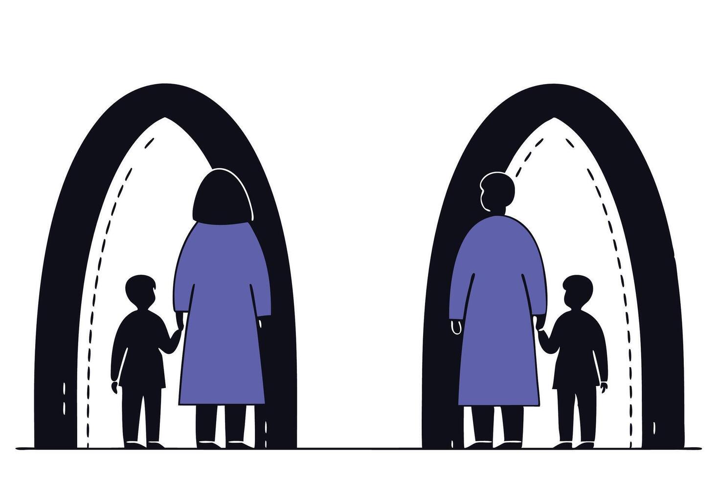 Families represented in blue silhouettes walking in solidarity to highlight the resilience and journey of refugees worldwide on world refugee day vector