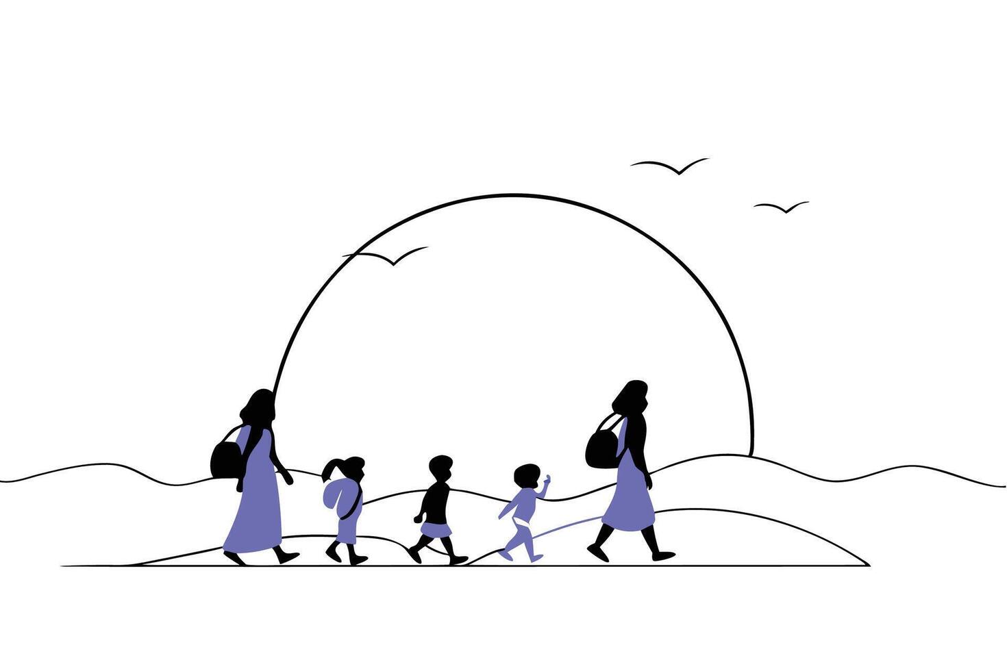 Powerful silhouette artwork showing a group of refugees including women children and men symbolizing unity struggle and hope in humanitarian themed visuals vector