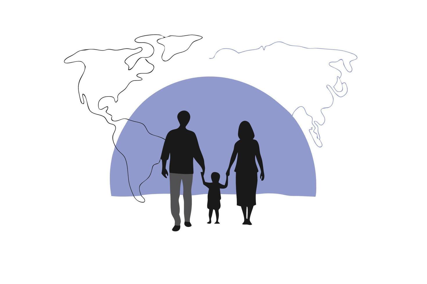 Compelling refugee silhouette artwork with a family group including man woman and child created to evoke empathy and raise awareness through design vector