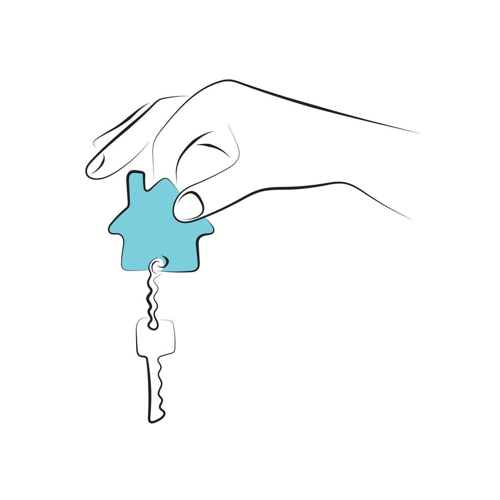 closeup hand holding house key illustration hand drawn with black lines isolated on white background vector
