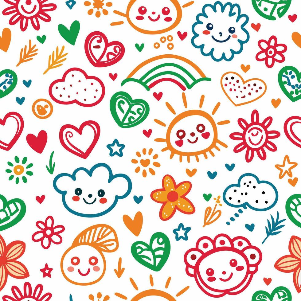 seamless pattern with cute cartoon characters and sun, clouds, hearts and rainbows vector