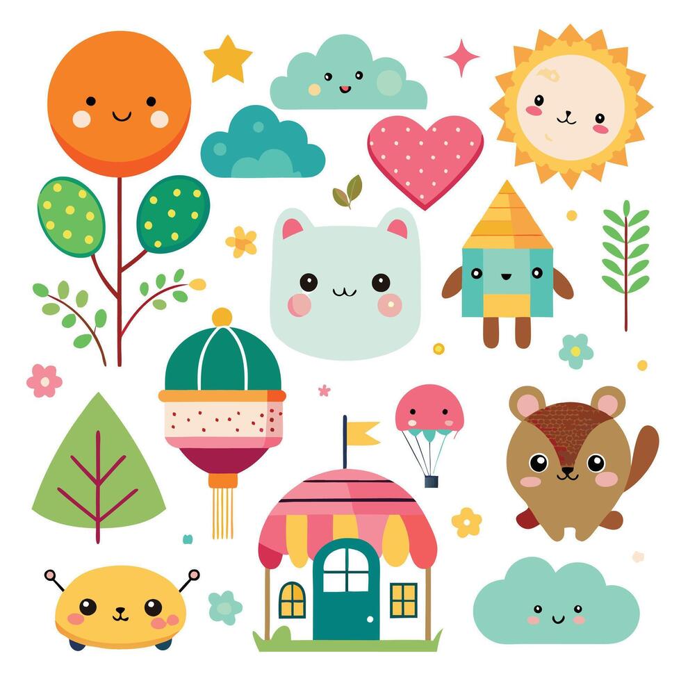 cute illustration of cute animals and houses vector