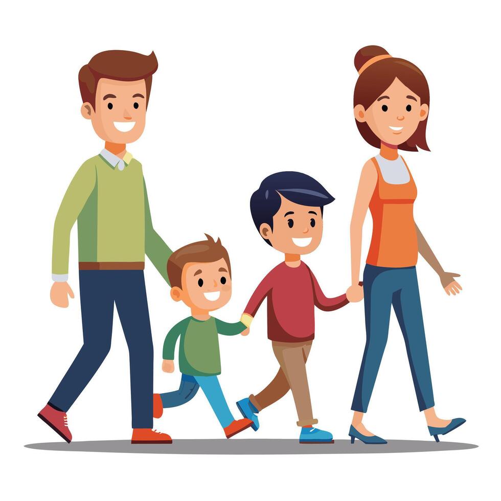 happy family walking together illustration on a white background vector