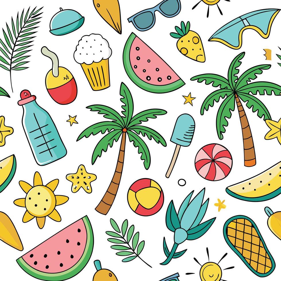 summer seamless pattern with colorful objects white background vector