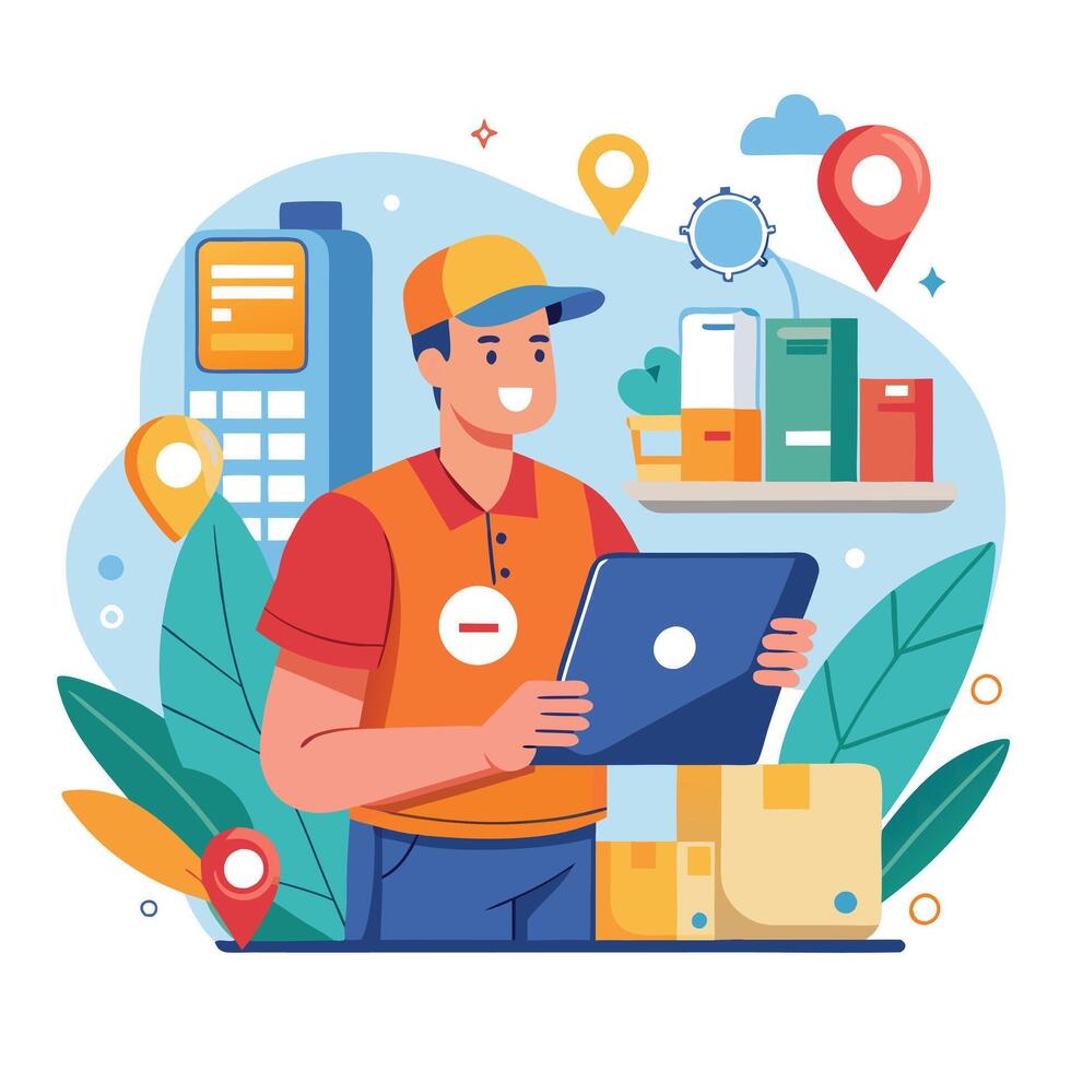 delivery man with laptop and map on background vector